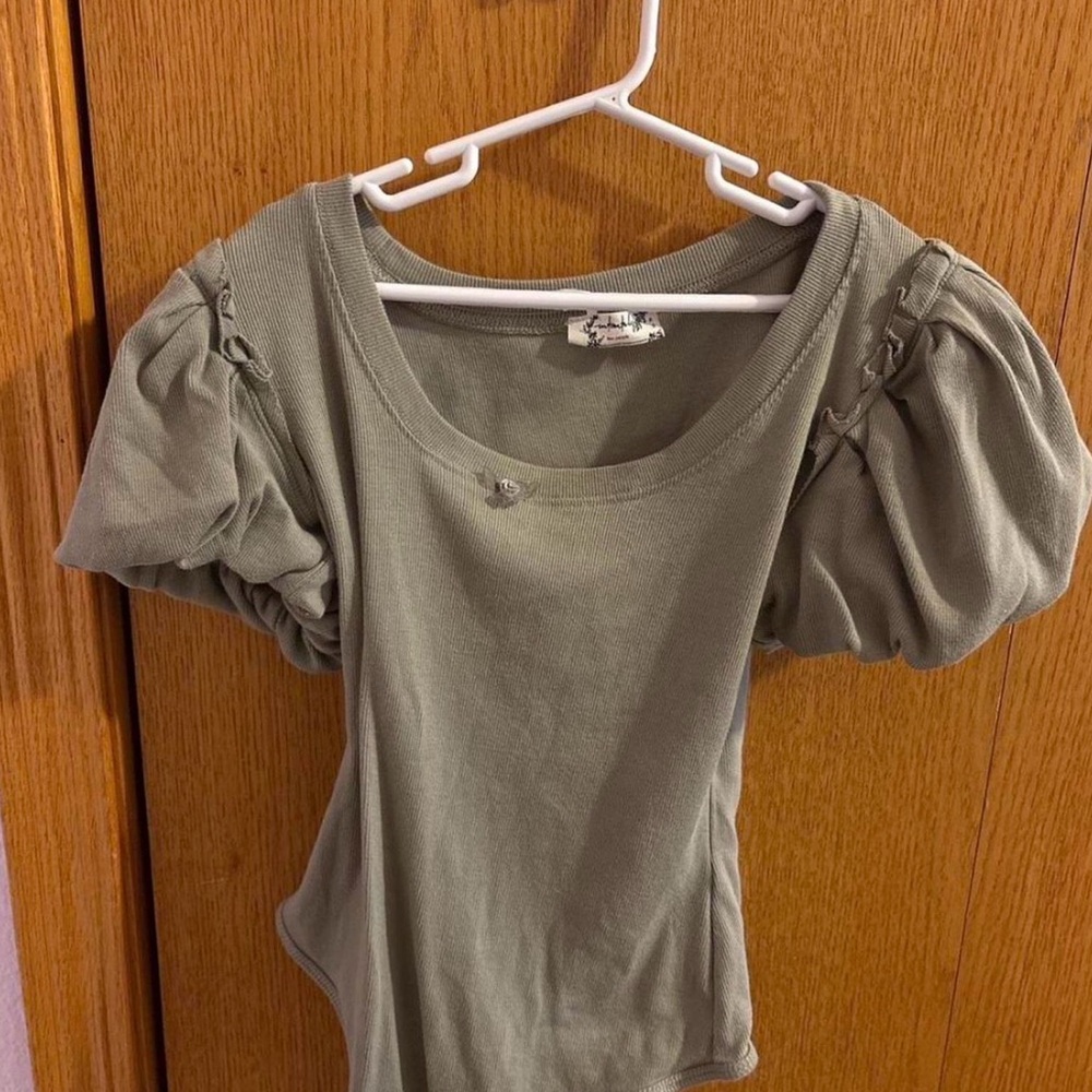 Free People Olive Puff Sleeve Blouse